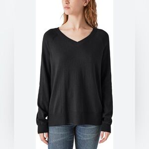 Lucky Brand V-Neck Sweater,Long Sleeves, Side Slits, Cotton Blend, Black, Size L